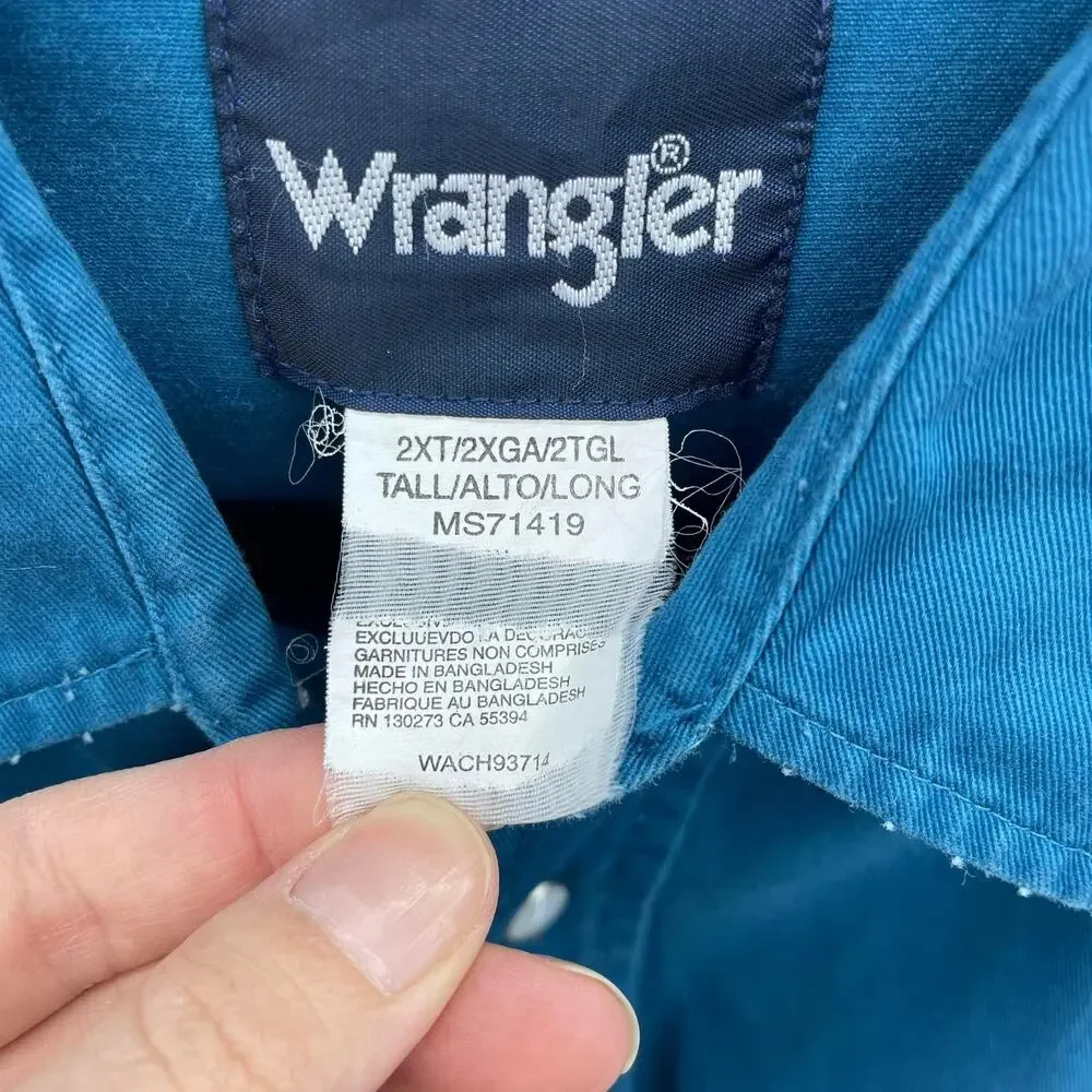 Vintage Wrangler Pearl Snap Western Shirt Mens 2XT Blue Heavy Cotton Brushpopper